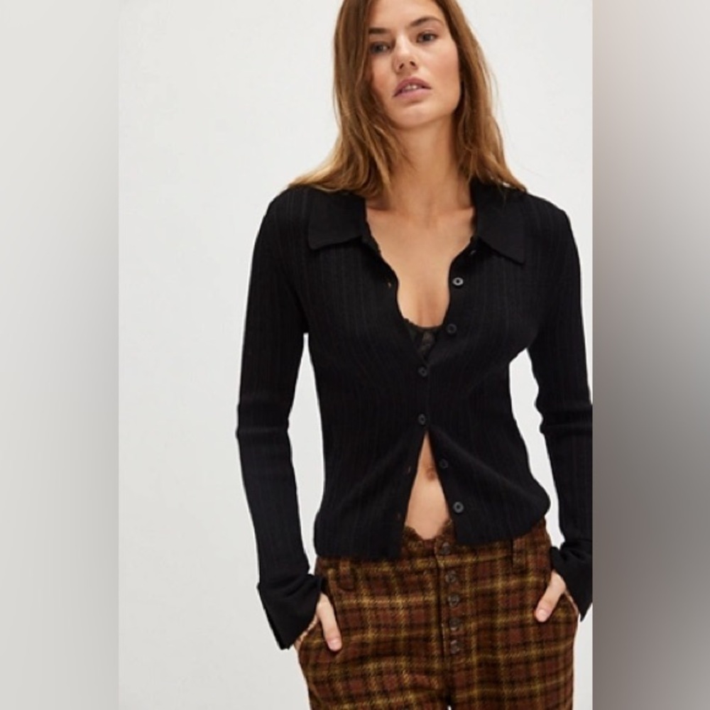 FREE PEOPLE OBI LONG SLEEVE POLO PULLOVER TOP